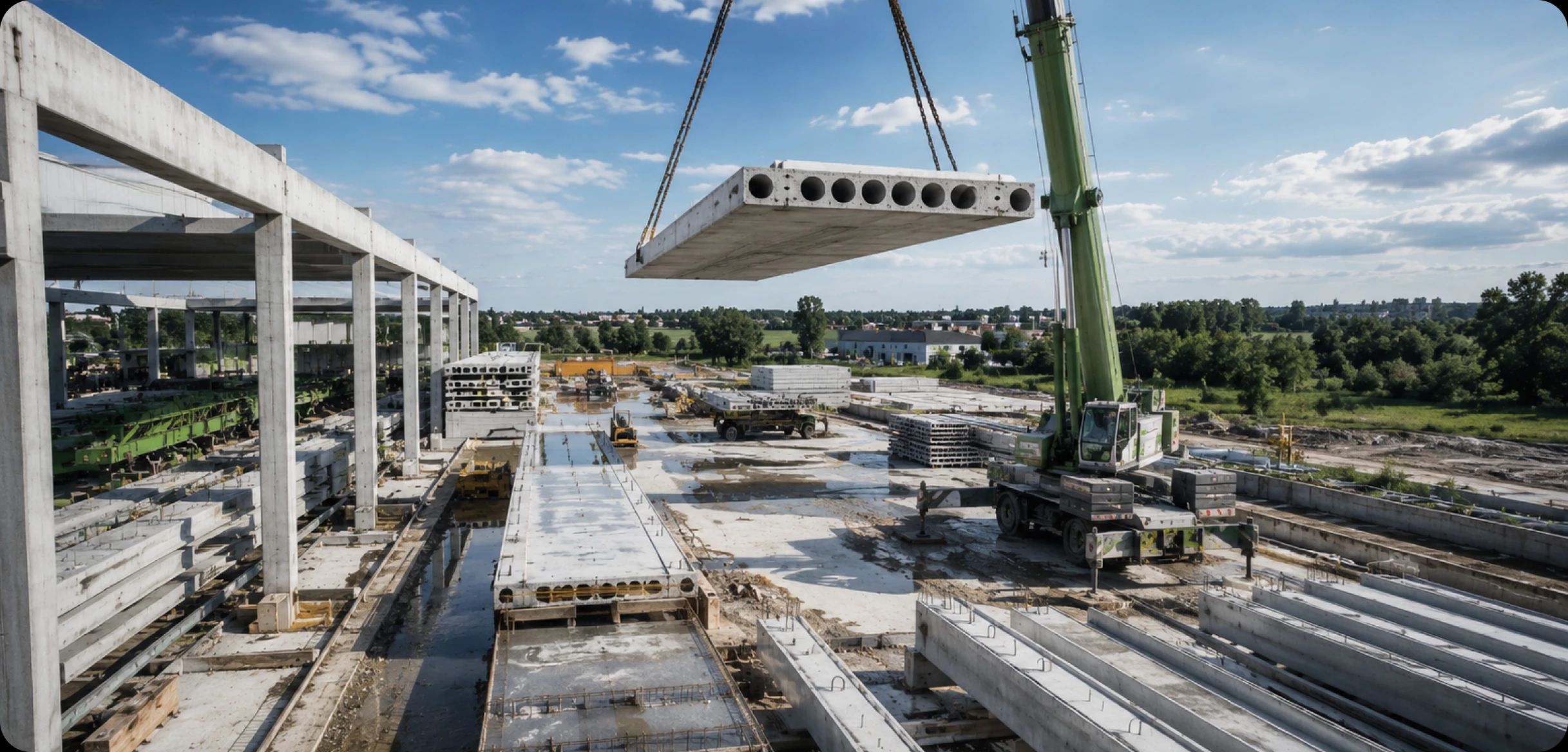 Kran hebt Betonfertigteile in der Baustoffproduktion